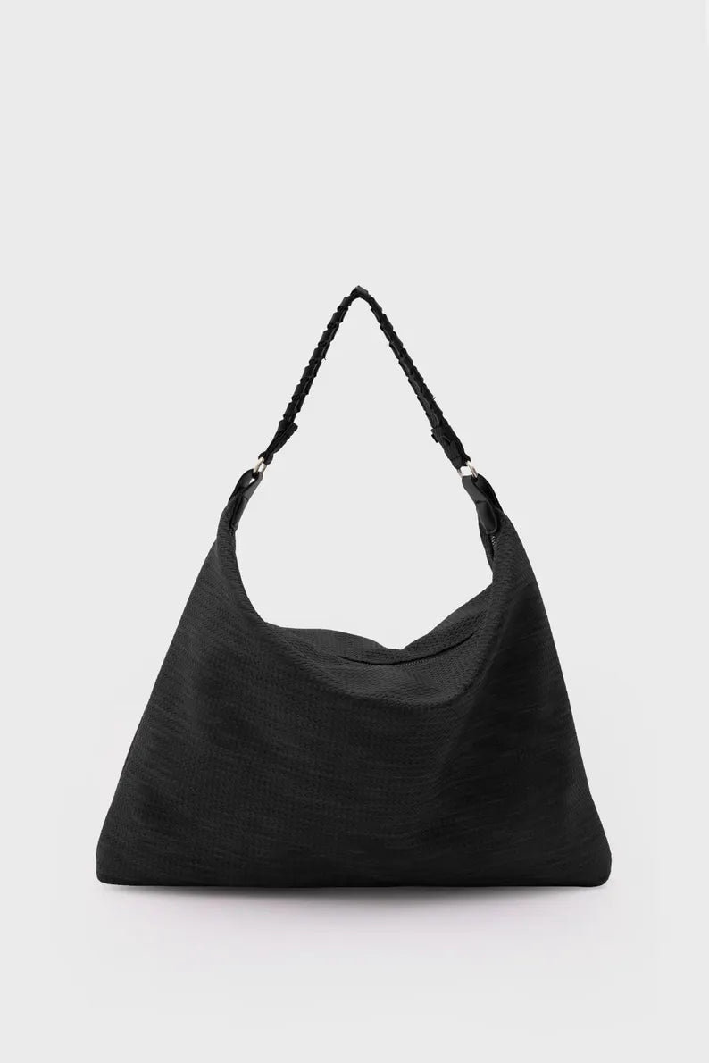 Slouchy Woven Vegan Leather Hobo Bag