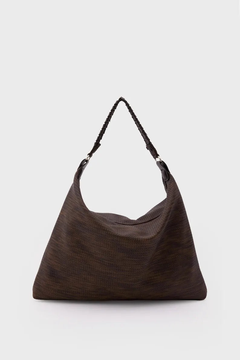 Slouchy Woven Vegan Leather Hobo Bag