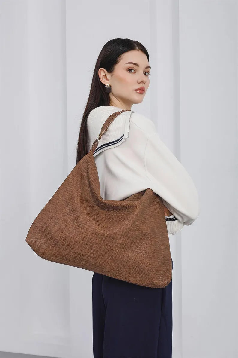 Slouchy Woven Vegan Leather Hobo Bag