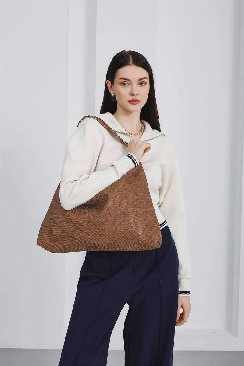 Slouchy Woven Vegan Leather Hobo Bag