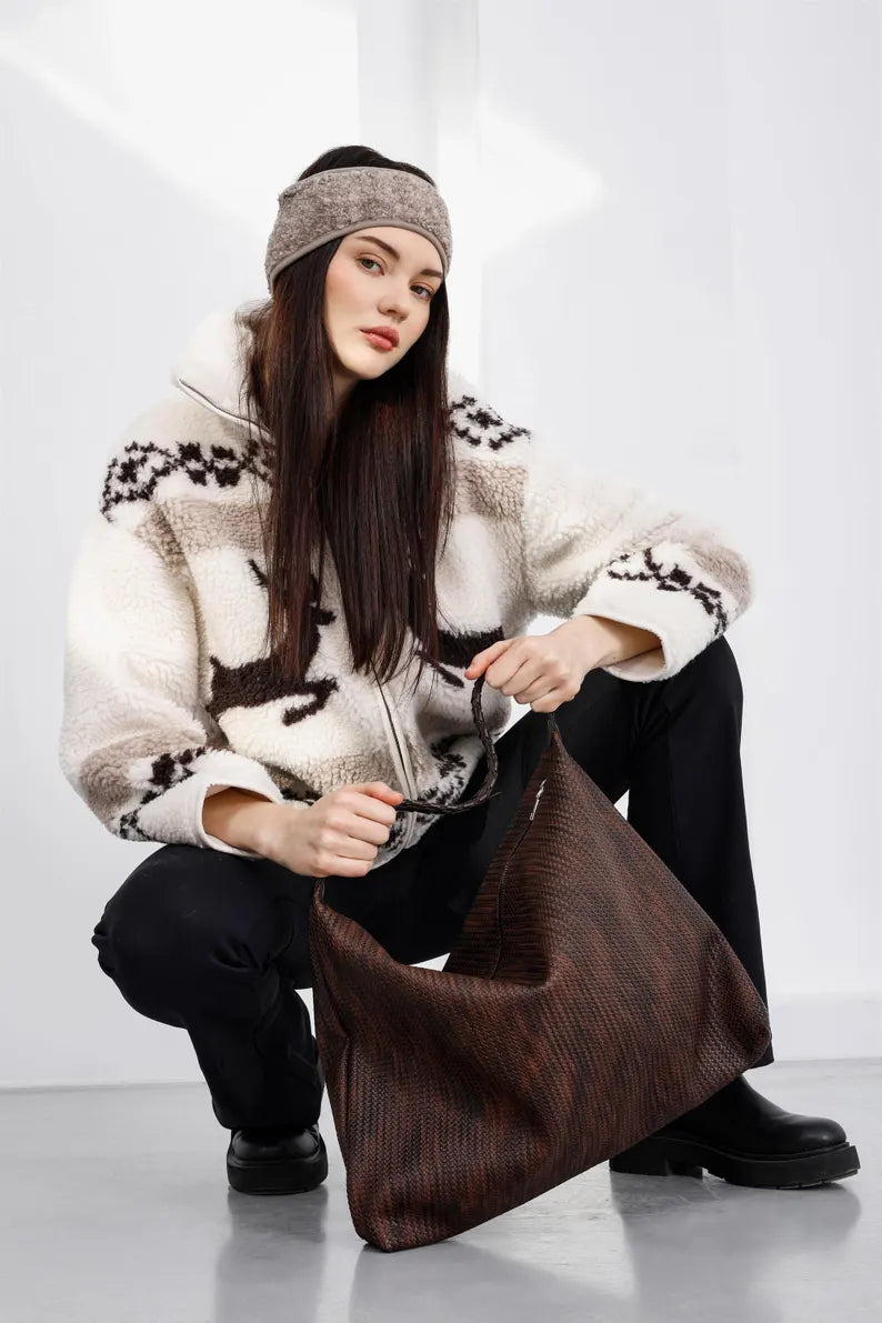 Slouchy Woven Vegan Leather Hobo Bag