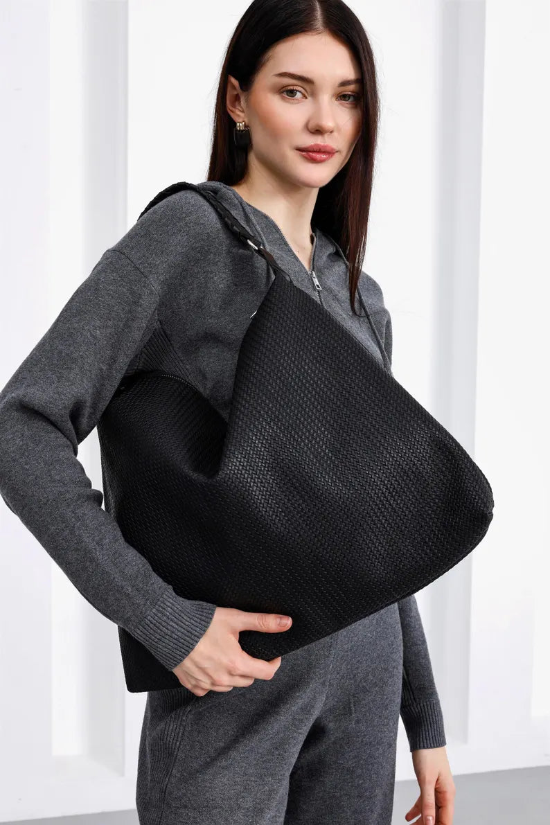 Slouchy Woven Vegan Leather Hobo Bag