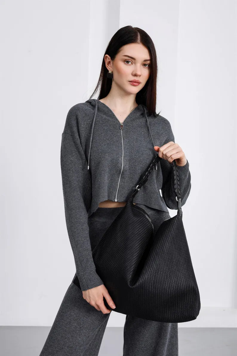 Slouchy Woven Vegan Leather Hobo Bag