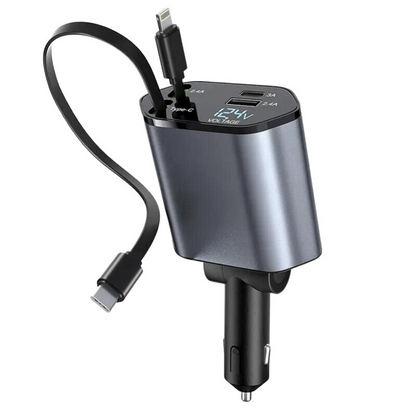 120W 4-in-1 Retractable Car Charger with Dual USB Ports and Fast Charging Adapter